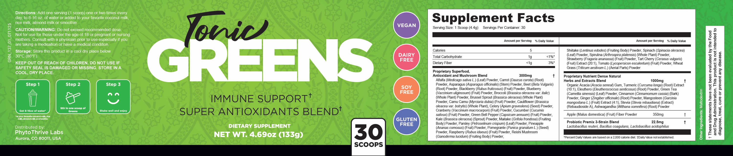 Tonic Greens Supplement Facts Label