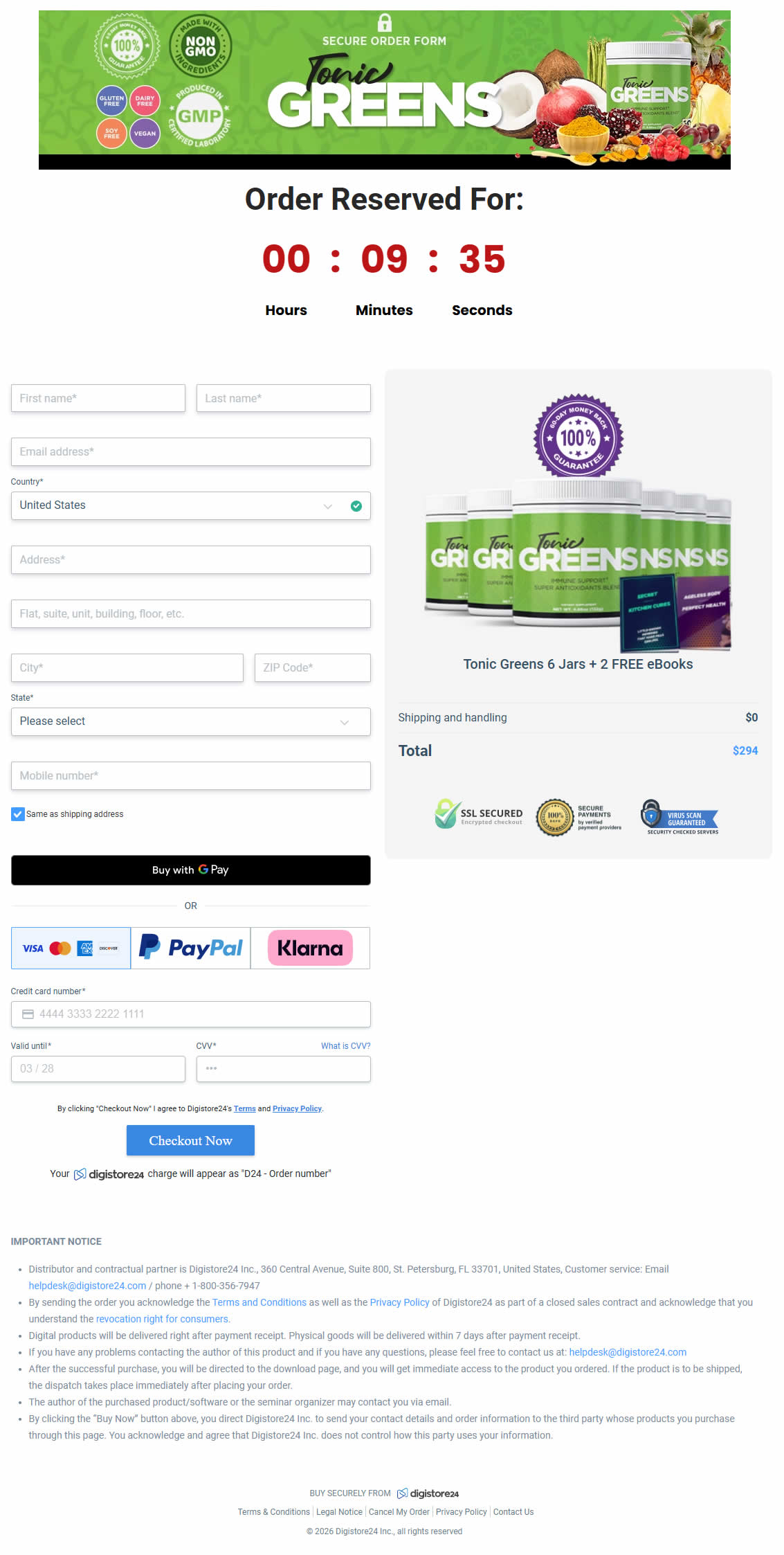 Tonic Greens Order Checkout Page